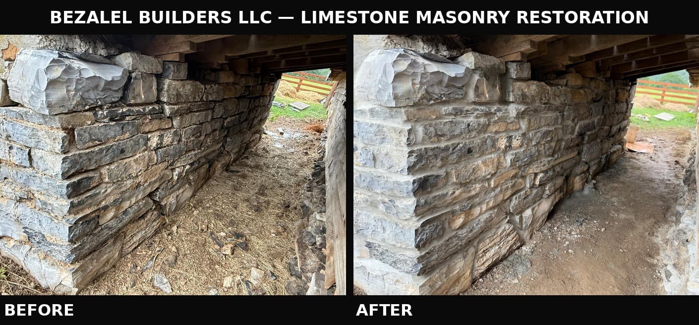 Bezalel Builders limestone masonry restoration — before and after